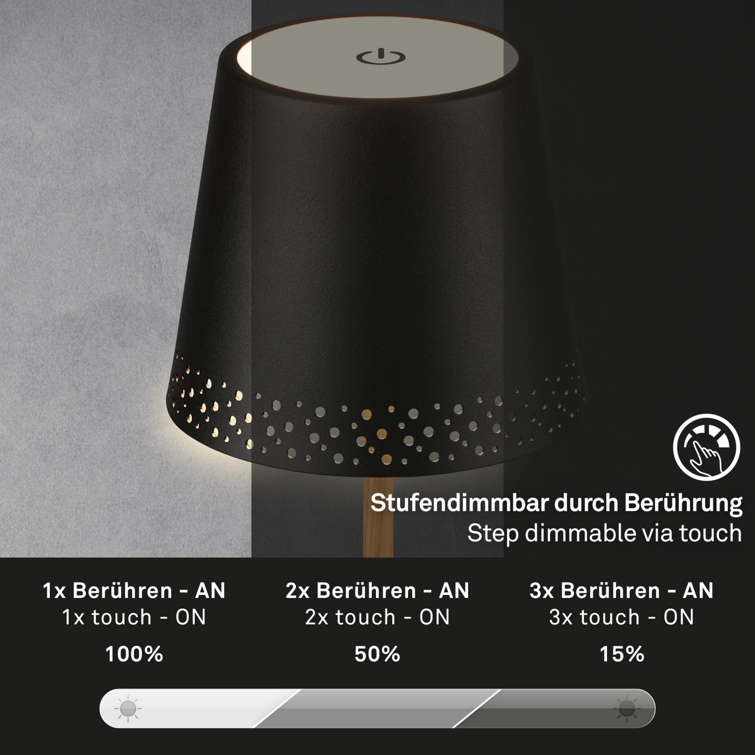 Brilo Akku Tischleuchte Perforierung Schwarz Led Dimmbar K W