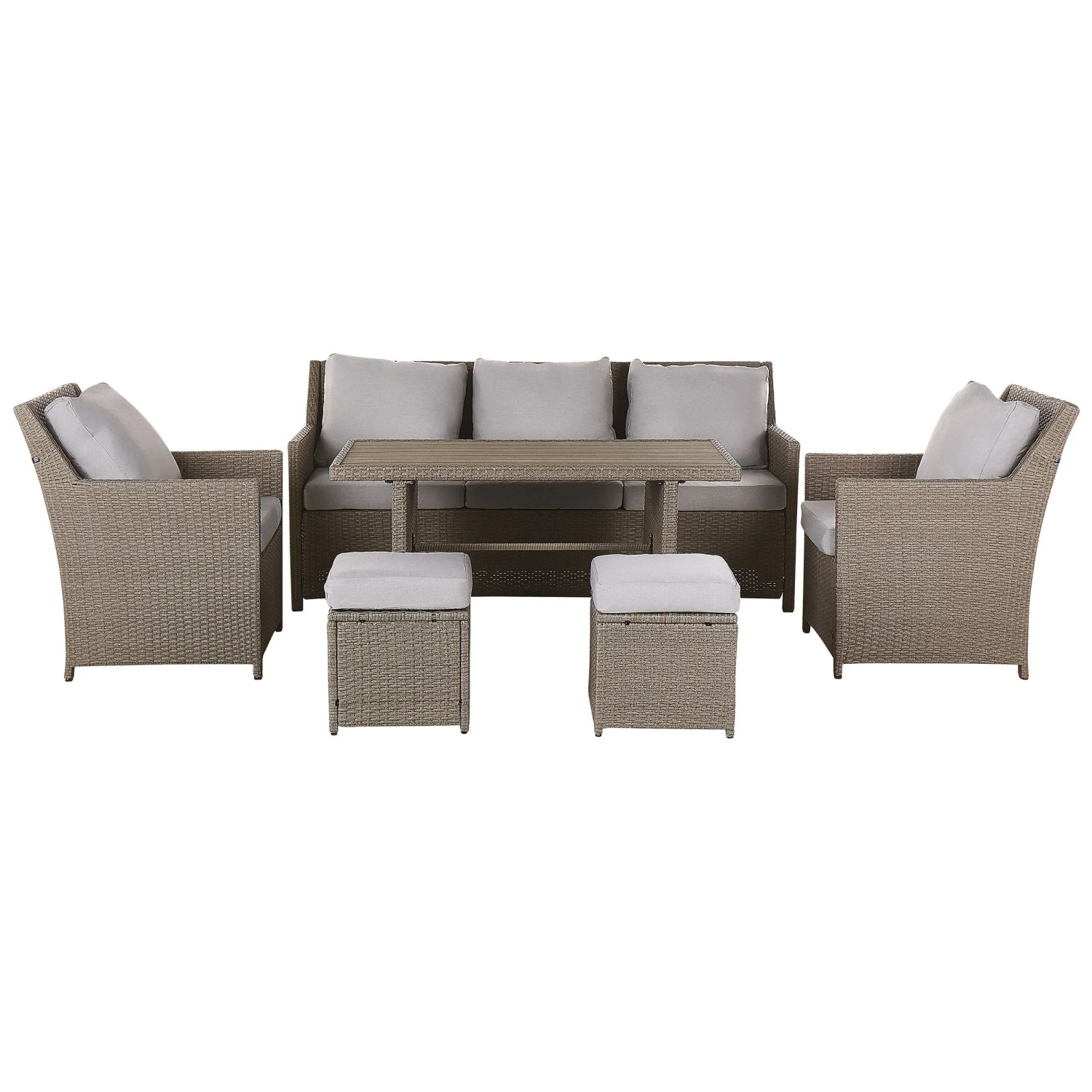 Beliani Salon de jardin Fonti 5 places rotin taupe avec coussins en gris Beliani Salon de jardin Fonti 5 places rotin taupe avec coussins en gris