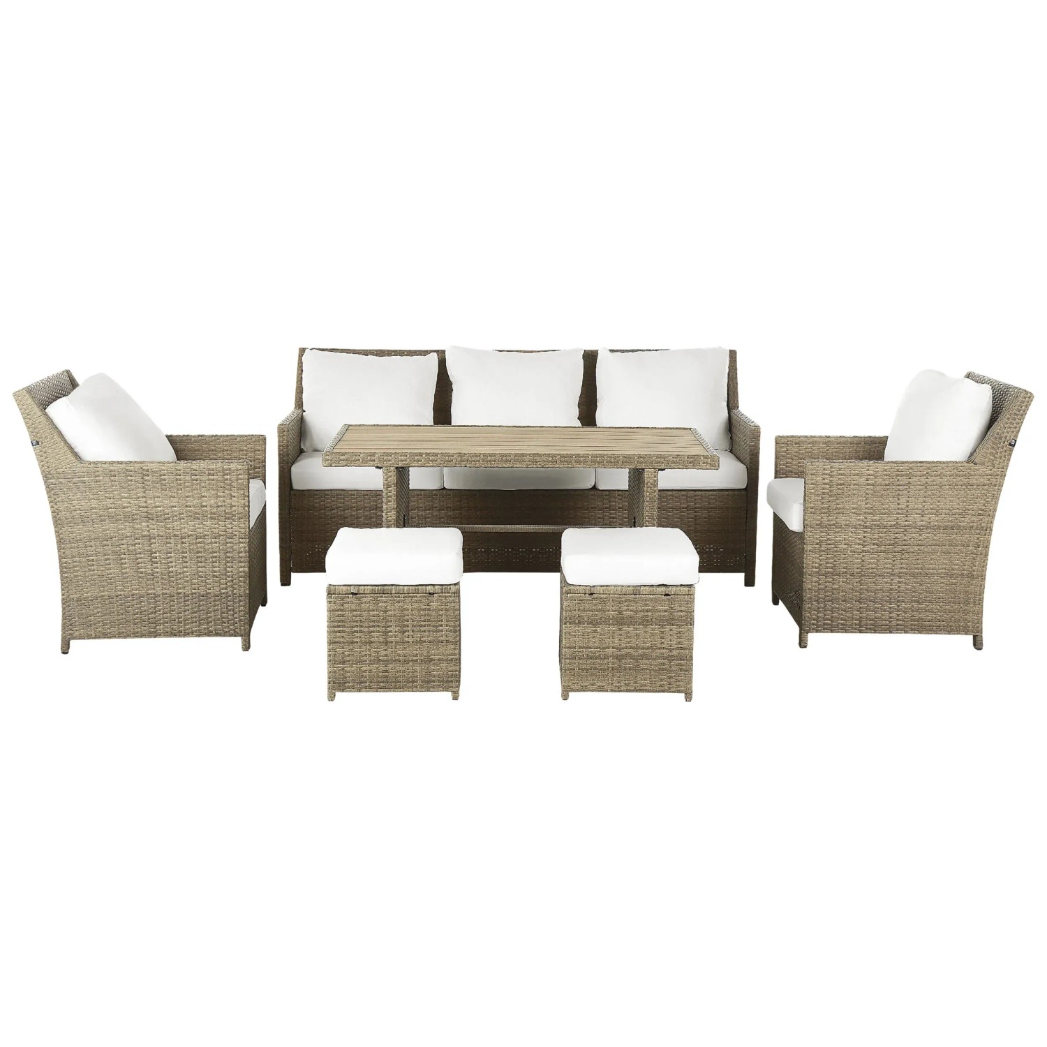 Beliani Salon de jardin Fonti 5 places rotin marron avec coussins en blanc Beliani Salon de jardin Fonti 5 places rotin marron avec coussins en blanc