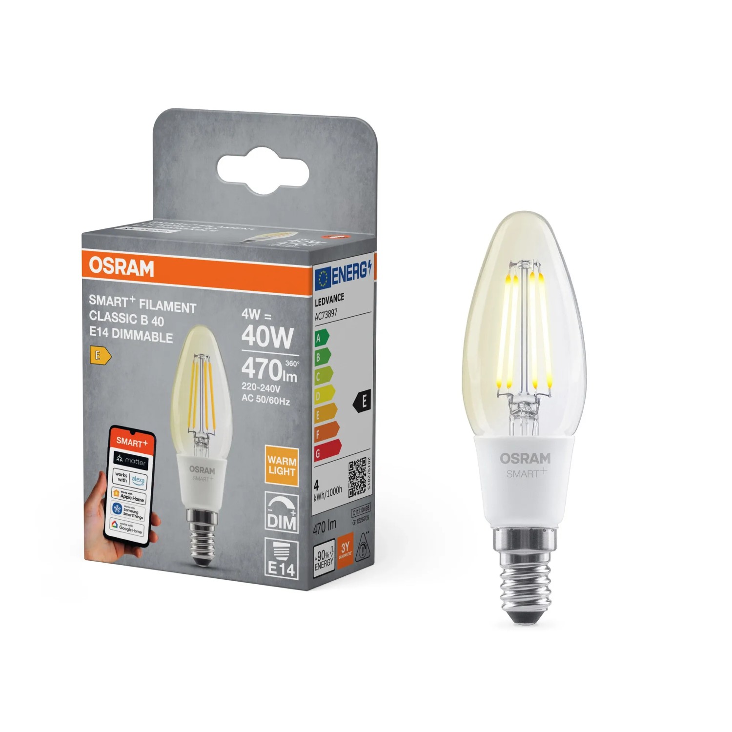 Osram Lampadina LED Smart+ B40 filamento trasp. E14 / 4 W / 470 lm / 2'700 K Osram Lampadina LED Smart+ B40 filamento trasp. E14 / 4 W / 470 lm / 2'700 K