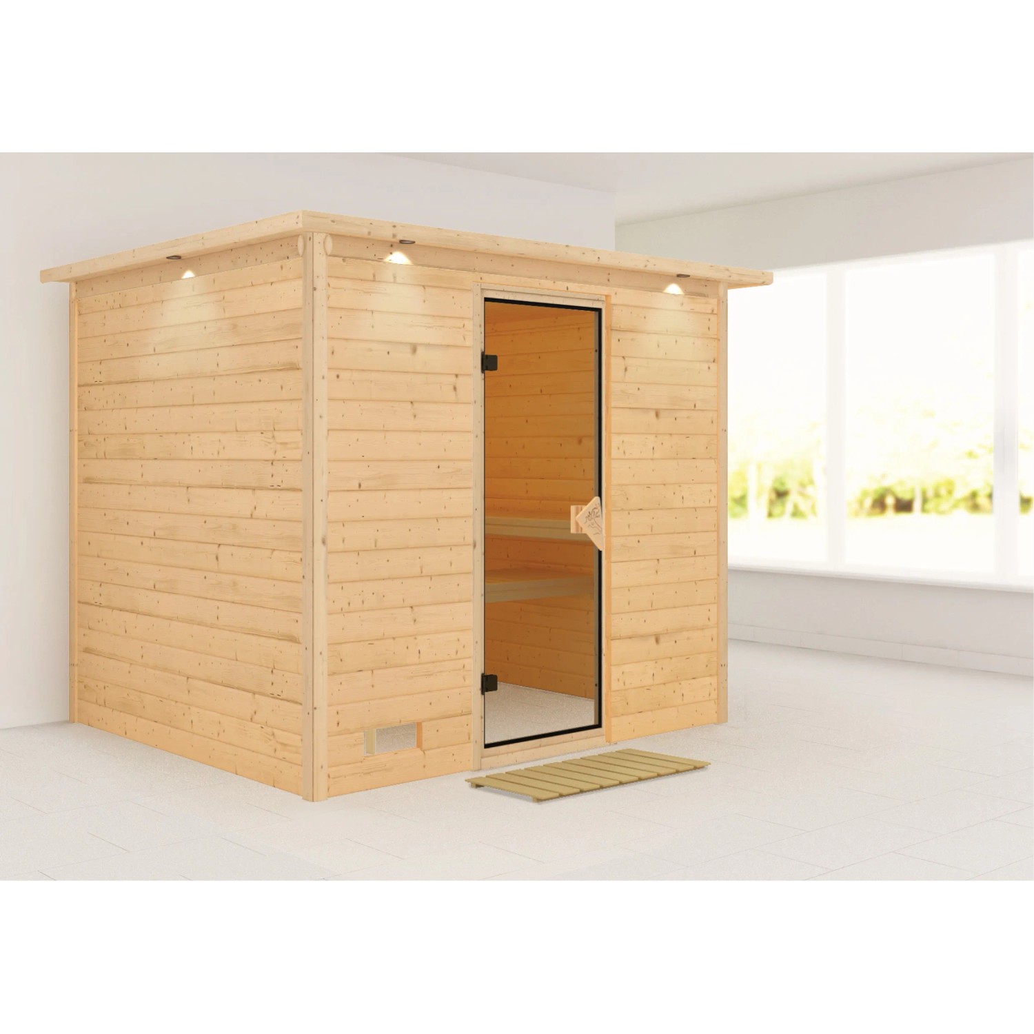 Karibu Sauna Sarina LED-Dachkranz Natur Karibu Sauna Sarina LED-Dachkranz Natur