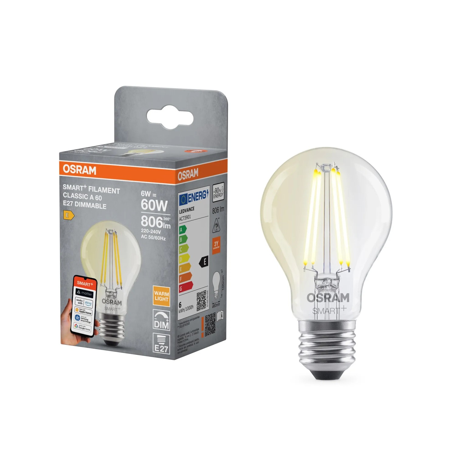 Osram LED-Leuchtmittel Smart+ A60 Filament E27 / 6 W / 806 lm / 2'700 K Osram LED-Leuchtmittel Smart+ A60 Filament E27 / 6 W / 806 lm / 2'700 K