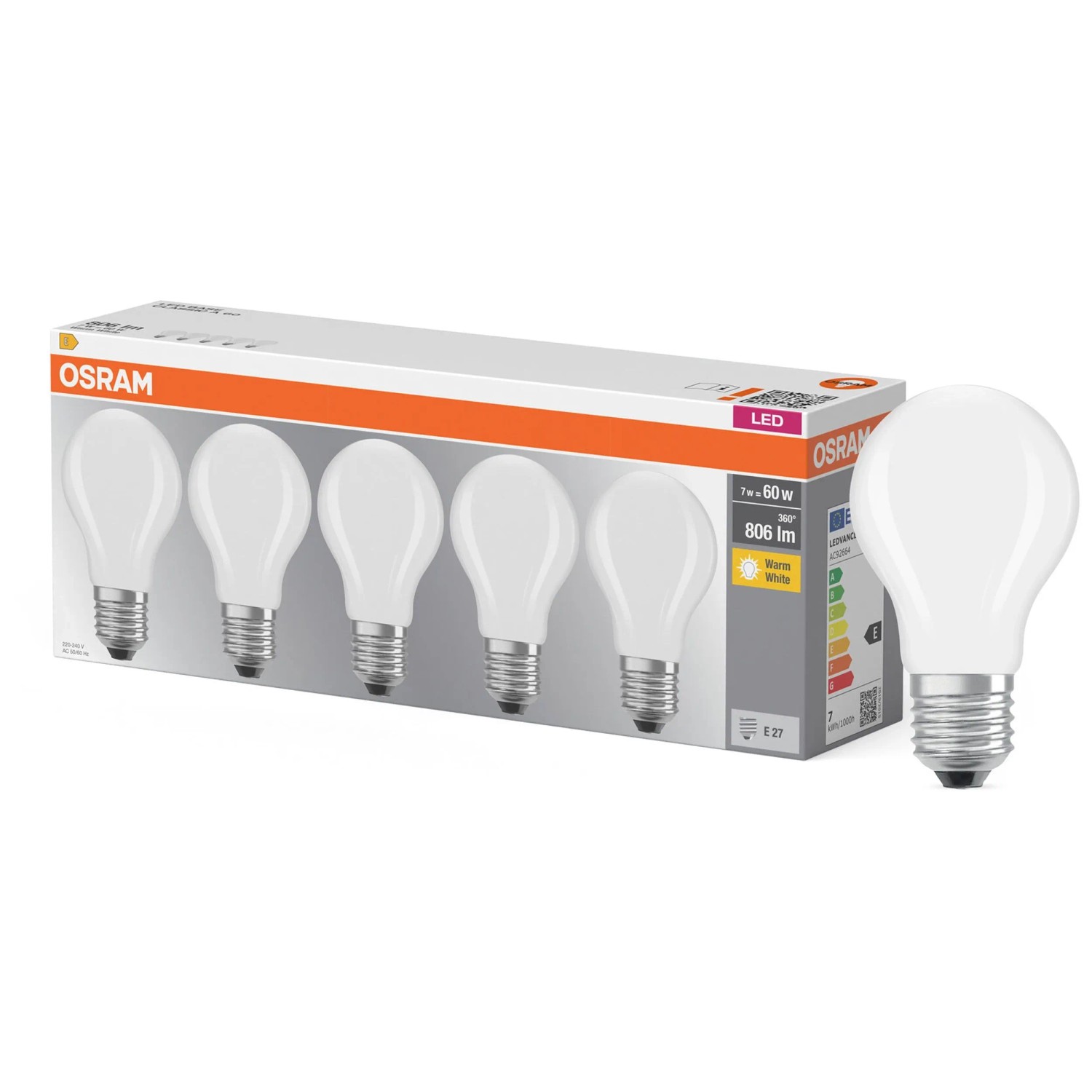 Osram LED-Leuchtmittel Base Filament matt E27 Warmweiss 60 W / 80 / 5 Stk. Osram LED-Leuchtmittel Base Filament matt E27 Warmweiss 60 W / 80 / 5 Stk.