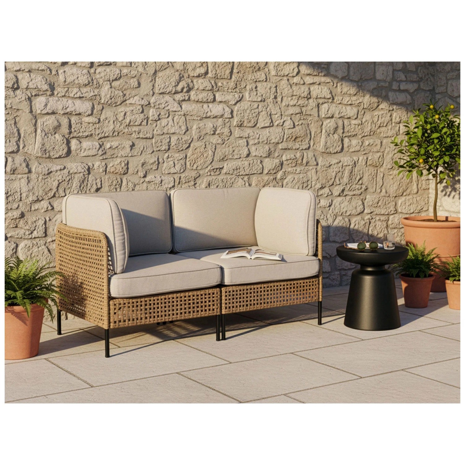 Beliani Gartensofa Omegana PE-Rattan Hellbeige 2-Sitzer 80 x 140 x 68 cm Beliani Gartensofa Omegana PE-Rattan Hellbeige 2-Sitzer 80 x 140 x 68 cm