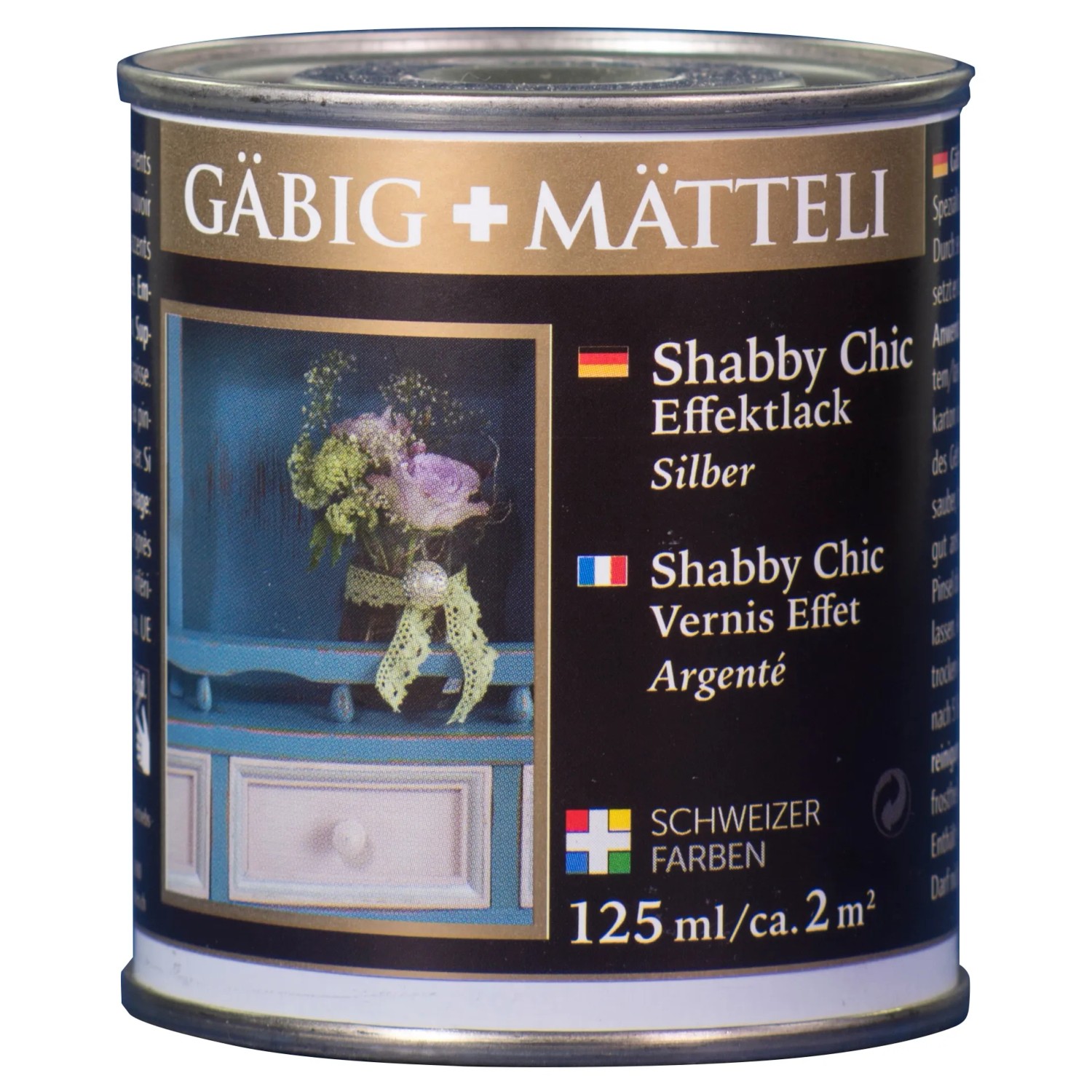 Gäbig+Mätteli Shabby Chic Effektlack glänzend Silber 125 ml Gäbig+Mätteli Shabby Chic Effektlack glänzend Silber 125 ml