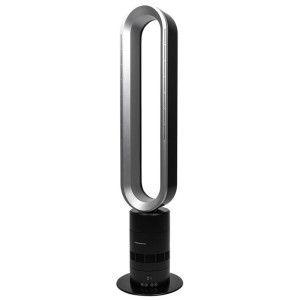 Kibernetik Bladeless Standventilator BSV97 in Silber-Schwarz. Moderner, schlanker Turmventilator mit ovalem Kopf und schwarzem Standfuß.