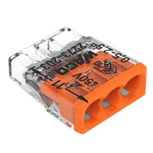 Connettore Wago, 3 poli, arancione, confezione da 10. Morsetto di collegamento per installazione elettrica facile e sicura.