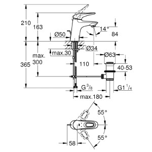 Disegno tecnico del miscelatore lavabo Grohe Eurostyle S-Size con dimensioni.