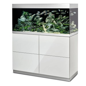 Ensemble aquarium Oase HighLine 300 avec meuble blanc, planté et avec poissons.