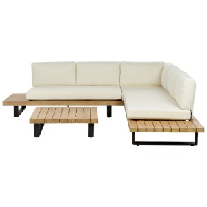 Salotto da giardino Beliani Mykonos 5 posti con tavolo, struttura in acacia e cuscini color crema.