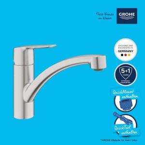 Miscelatore lavello Grohe QuickFix Start Supersteel con bocca bassa.
