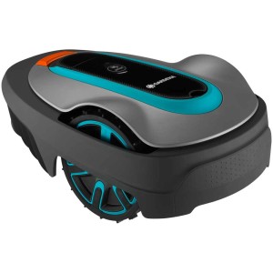 Robot tondeuse Gardena smart Sileno city 600 : Gris avec des accents bleus et des roues.