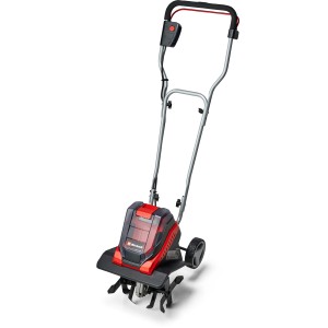 Einhell GE-CR 30 Li Solo motoculteur sans fil : Cultivateur à batterie avec éléments rouges et noirs.