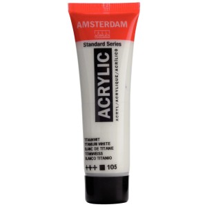 Peinture acrylique Amsterdam Blanc Titane 105, tube 20 ml. Couleur mate, résistante à l'eau pour intérieur & extérieur.