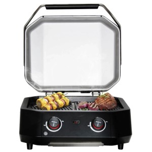Grill elettrico Cozze E-50 nero con cibo e coperchio aperto.
