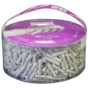 Scatola rotonda Fischer con 800 tasselli di diverse dimensioni, ideale per calcestruzzo e muratura.