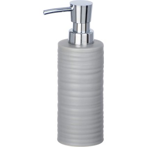 Dispenser sapone Wenko Mila grigio in ceramica con design a coste e pompa cromata.
