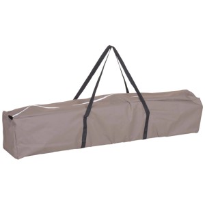 Tenda da festa taupe imballata in borsa con manici per un facile trasporto.