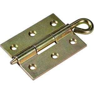 Charnière zinguée jaune avec axe libre et œillet, 70x55 mm, pour connexions flexibles.