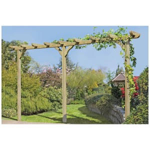 Pergola simple Pletscher imprégnée de verdâtre en pin dans le jardin, partiellement envahie.