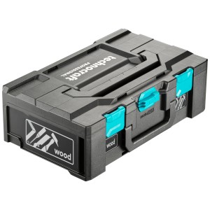 Technocraft Valigetta attrezzi Metabox Wood Premium, 107 pezzi, custodia in ABS grigio con chiusure verde acqua.