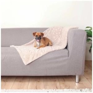 Couverture beige Trixie Cosy pour chien (70x50 cm) sur canapé avec chien. Couverture douce en polyester pour chiens.