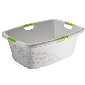 Bassine à linge grise Rotho Flowers, 50 l, avec décor floral et poignées vertes.