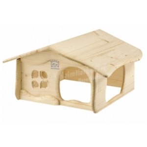 Casetta per piccoli animali Matterhorn in legno naturale, 20x39x35cm, con due ingressi per gabbie per roditori.