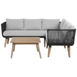 Beliani Canapé d'angle de jardin Alcamo 5 places avec table en acacia et détails noirs.
