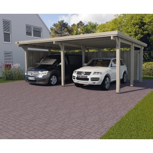 Doppio carport in legno Weka con tetto in lamiera trapezoidale per due auto. Design robusto.