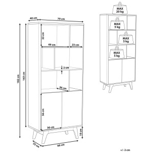 Étagère Beliani Columbus MDF, marron/blanc, 182x79x40 cm. Bibliothèque 3 compartiments ouverts, placard, dimensions et charge.