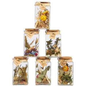 Mix di fiori secchi in bottiglie di vetro, Ø 10 cm, altezza 18 cm, decorazione decorativa per tavoli e finestre.