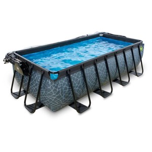 Piscine rectangulaire Exit Stone Grey avec cadre en acier, pompe de filtration et couverture.