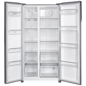 Réfrigérateur-congélateur Beko SBS350 Side-by-Side, intérieur ouvert avec étagères en verre et tiroirs.