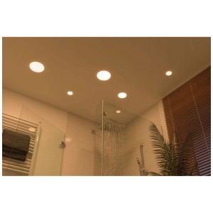 Panneau LED encastrable Paulmann Veluna, spots de plafond ronds dans une salle de bain avec douche.
