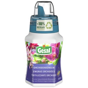 Gesal Engrais orchidées 250ml pour floraison abondante, en flacon blanc avec bouchon bleu.