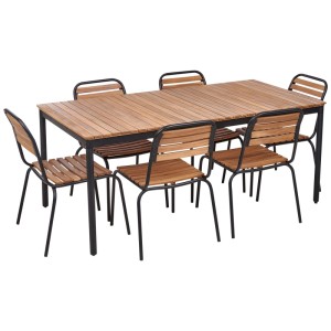Ensemble de jardin Beliani Vallese: table rectangulaire et 6 chaises en bois d'acacia clair avec cadres en métal noir.