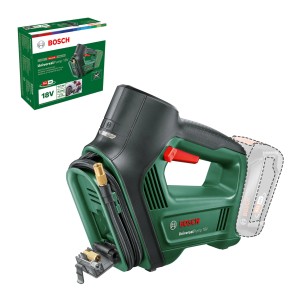 Pompe à air sans fil Bosch UniversalPump 18V Solo, vert/noir, avec tuyau et accessoires.