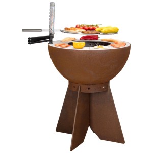 Nouvel Feuer- und Grillkugel Fireball U aus Stahl, mit Grillgut. Feuerstelle im Rost-Design.