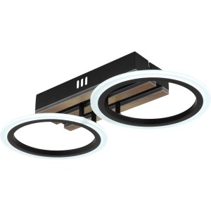 Plafonnier LED moderne Blevins noir/aspect bois avec deux anneaux et couleur de lumière réglable.