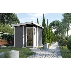 Casetta da giardino in legno grigio weka Angolo B con tetto piatto e porta aperta in ambiente giardino.