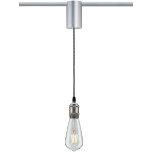 Adattatore universale a pendolo URail in cromo opaco per sistemi a binario, con lampadina montata.