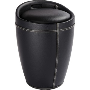 Tabouret de salle de bain Wenko Candy Black aspect cuir, avec assise rembourrée et sac à linge.