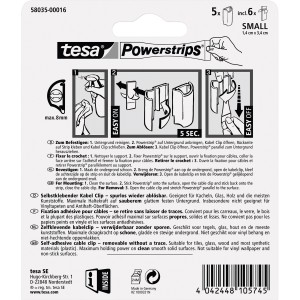 Tesa Powerstrips Cable Clip, 5 pièces, blanc, pour une fixation facile des câbles jusqu'à 8 mm de diamètre.