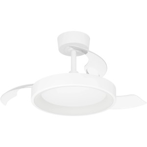 Ventilatore da soffitto bianco Eglo Torreya con illuminazione LED e pale trasparenti pieghevoli.