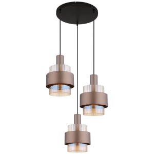 Moderna lampada a sospensione Globo Milley con 3 paralumi in vetro ambrato e metallo nero opaco.