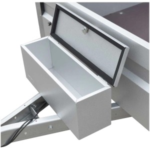 Box porta attrezzi aperta in acciaio per rimorchi fino a 750 kg, accessorio per rimorchi auto.