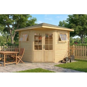 Abri de jardin à 5 pans Alpholz Sunny-B non traité avec toit pointu, 230x224 cm, dans le jardin.
