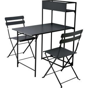 Set bistro nero da balcone a 3 pezzi con tavolo e due sedie.