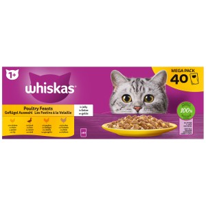 Whiskas Katzen-Nassfutter Geflügel in Gelee, 40 x 85g Packung. Alleinfutter für Katzen ab 1 Jahr.